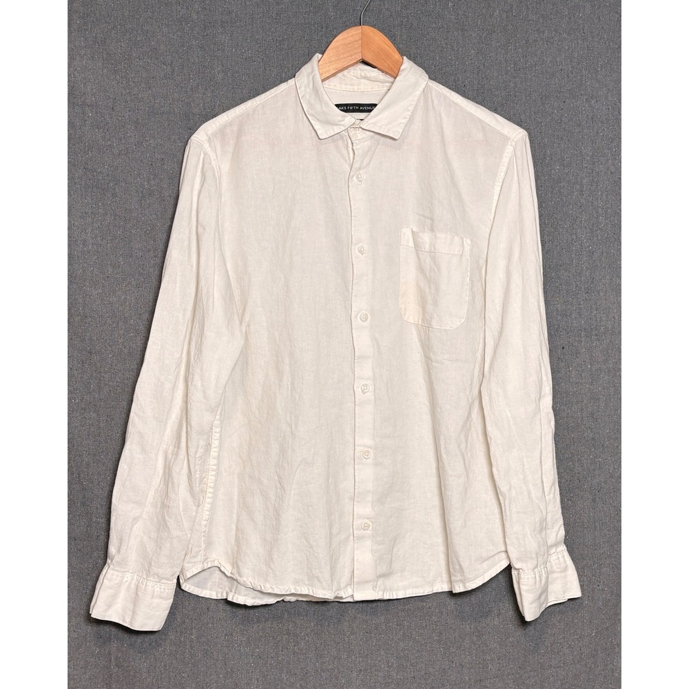 Saks Fifth Avenue Mens White Linen Blend Long Sleeve Button Down Shirt Sz Large